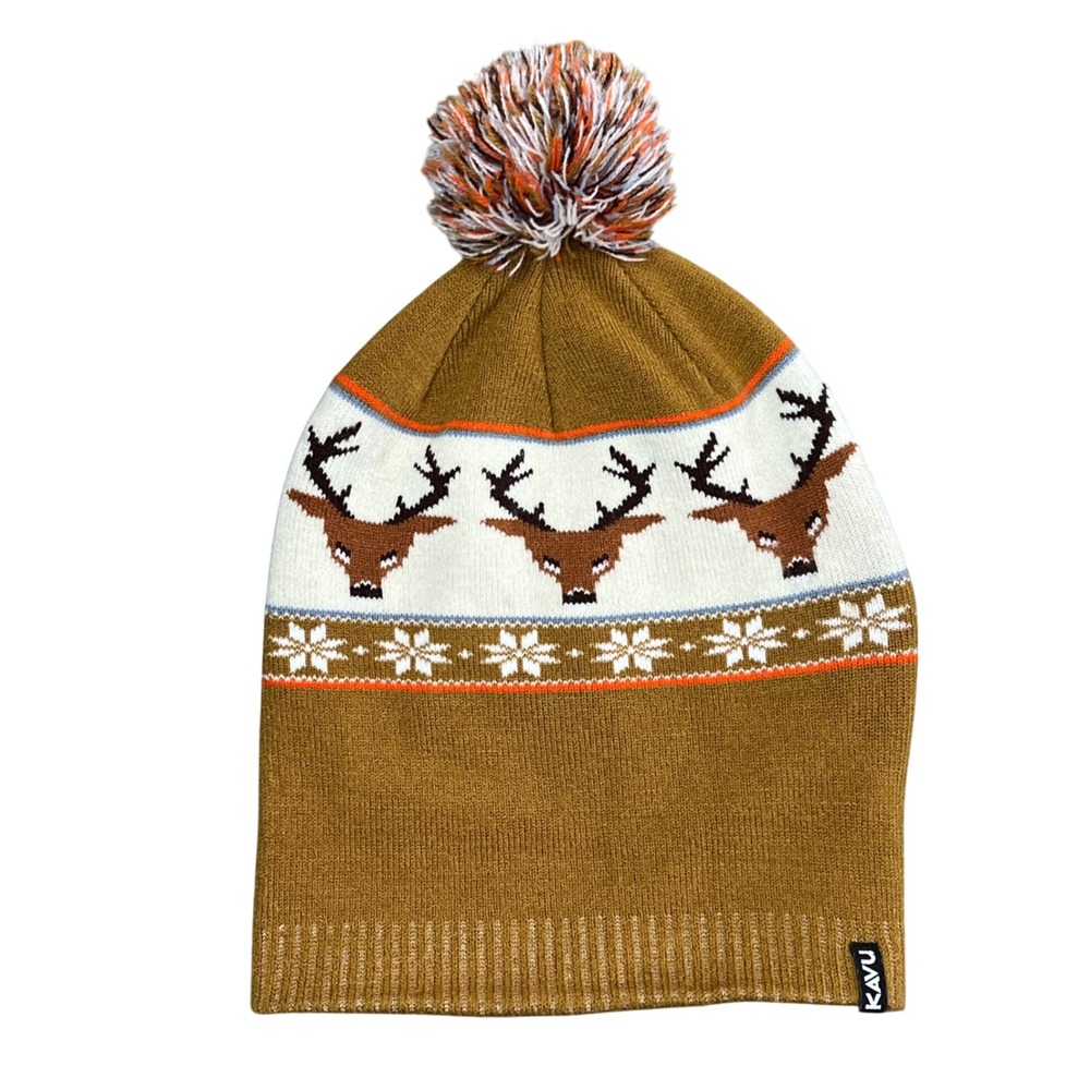 KAVU Reindeer Fair Isle Pom Pom Beanie Mustard Yellow Knit Winter Hat